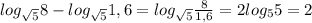 log_{ \sqrt{5}}8 - log_{ \sqrt{5} }1,6 = log_{ \sqrt{5}} \frac{8}{1,6} = 2 log_{5} 5 = 2