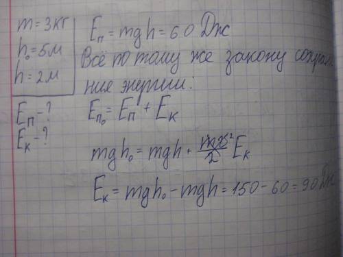 Определите потенциальную и кинетическую энергию тела массой 3 кг,которое свободно падало с высоты 5