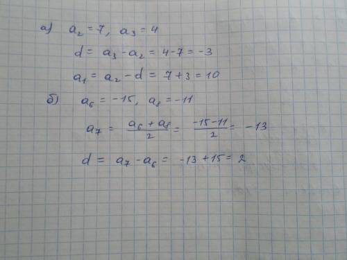 Варифметической прогрессии an найдите : а) a1 и d,если a2=7,a3=4 б)а7 и d,если а6=-15,а8=-11