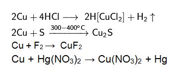 Составить не более 5 уравнений реакций характеризующее св-ва меди (с кислотой,хромом,нейтратом ртути