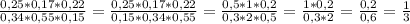 \frac{0,25*0,17*0,22}{0,34*0,55*0,15} = \frac{0,25*0,17*0,22}{0,15*0,34*0,55} = \frac{0,5*1*0,2}{0,3*2*0,5} = \frac{1*0,2}{0,3*2} = \frac{0,2}{0,6} = \frac{1}{3}