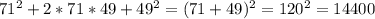 71^2+2*71*49+49^2=(71+49)^2=120^2=14400