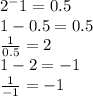 2^-1=0.5 \\ 1-0.5=0.5 \\ \frac{1}{0.5}=2 \\ 1-2=-1 \\ \frac{1}{-1}=-1