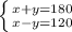 \left \{ {{x+y=180} \atop {x-y=120}} \right.