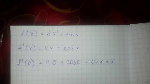 Найдите значение производной функции f(x)=2x^2+sin x при x=0.