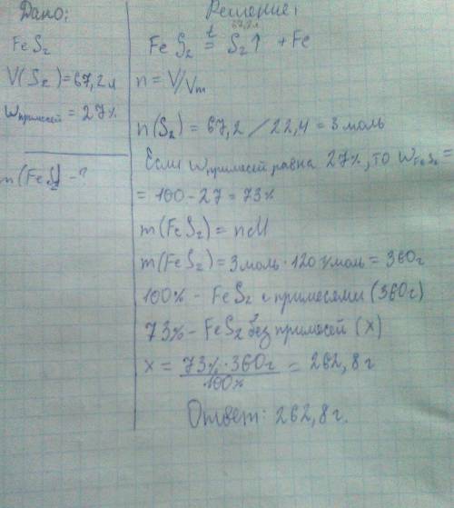 Решите . при обжиге пирита fes2 образовался газ объемом 67,2 л. найдите массу природного пирита, есл