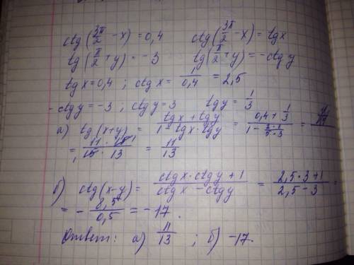 Известно, что ctg (3п/2-x)=0,4. tg(п/2+y)=-3., вычислить. а) tg (x+y), б)ctg (x-y)