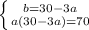 \left \{ {{b= 30-3a} \atop {a(30-3a) =70}} \right.