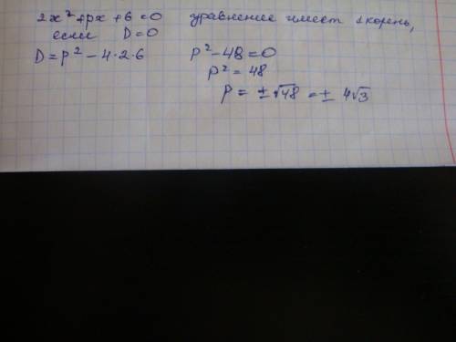 При каких значения параметра p уравнения 2x²+px+6=0 имеет один корень? сегодня надо!