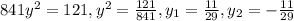 841 y^{2} =121, y^{2} = \frac{121}{841}, y_{1} = \frac{11}{29}, y_{2} = -\frac{11}{29}