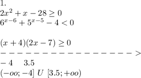 1.\\&#10;2x^2+x-28 \geq 0\\&#10;6^{x-6}+5^{x-5}-4 <0\\\\&#10;(x+4)(2x-7) \geq 0\\&#10;----------------\\&#10; -4 \ \ \ \ 3.5\\&#10;(-oo;-4] \ U \ [3.5;+oo)&#10;