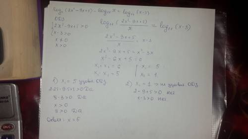 Log11 (2x^2-9x+5)-log11 x=log11(x-3) после сведения к одному логарифму ,что делать ?