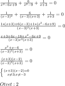 \frac{1}{x^{2}-6x+9 }+\frac{6}{x^{2}-9} +\frac{1}{x+3}=0\\\\\frac{1}{(x-3)^{2}}+\frac{6}{(x-3)(x+3)}+\frac{1}{x+3}=0\\\\\frac{1*(x+3)+6(x-3)+1*(x^{2}-6x+9)}{(x-3)^{2}(x+3)}=0\\\\\frac{x+3+6x-18+x^{2}-6x+9 }{(x-3)x^{2}(x+3)}=0\\\\\frac{x^{2}+x-6 }{(x-3)^{2}(x+3)}=0\\\\\frac{(x+3)(x-2)}{(x-3)^{2}(x+3) }=0\\\\\left \{ {{(x+3)(x-2)=0} \atop {x\neq3;x\neq-3}} \right.\\\\Otvet:2