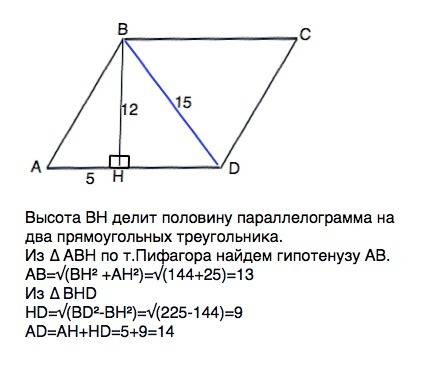 Впараллелограмме abcd высота bh делит сторону ad на отрезки ah и hd. найдите сторона параллелограмма