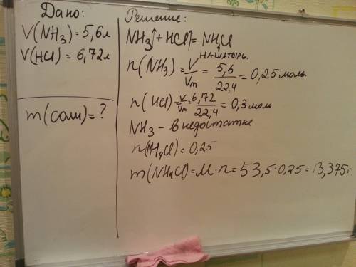Смешали аммиак(н.у.)объемом 5.6 л с хлороводородом (н.у.)объемом 6.72 л. определите объем оставшегос