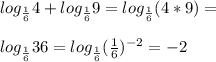 log_{\frac{1}{6}} 4+log_{\frac{1}{6}} 9=log_{\frac{1}{6}}(4*9)=\\\\log_{\frac{1}{6}} 36=log_{\frac{1}{6}} (\frac{1}{6})^{-2}=-2