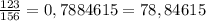 \frac{123}{156} =0,7884615=78,84615