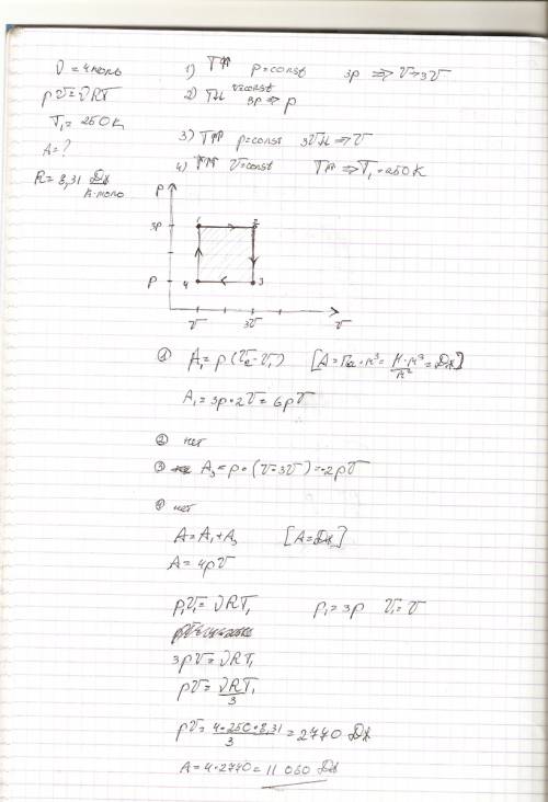 Идеальный газ в количестве 4 моль изобарически нагревают при давлении 3p так,что его объем увеличива