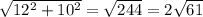 \sqrt{12^2+10^2} = \sqrt{244} =2 \sqrt{61}