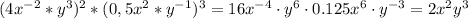 (4x^{-2}*y^3)^2*(0,5x^2*y^{-1})^3=16x^{-4}\cdot y^6\cdot0.125 x^6 \cdot y^{-3}=2x^2y^3