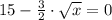 15 - \frac{3}{2}\cdot\sqrt{x} = 0