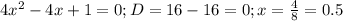 4 x^{2} -4x+1=0 ;&#10;D=16-16=0 ;&#10;x= \frac{4}{8} =0.5