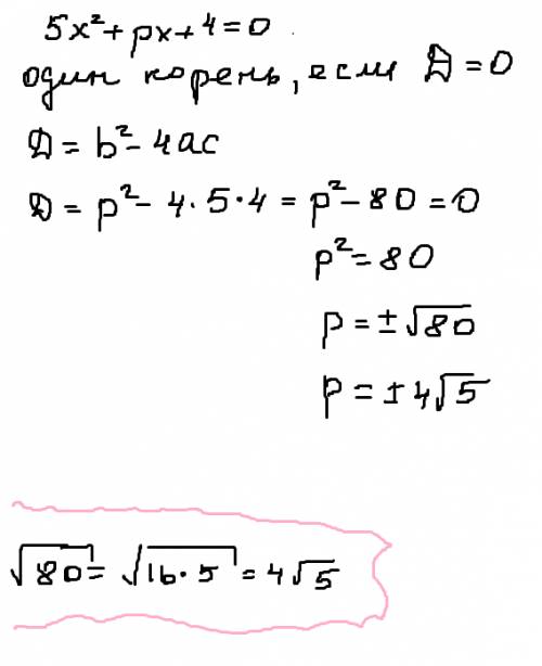 При каких значениях параметра p уравнение 5x^2+px+4=0 имеет один корень?