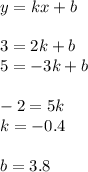 y = kx + b\\ \\ 3 = 2k + b \\ 5 = - 3k + b \\ \\ - 2 = 5k \\ k = - 0.4 \\ \\ b = 3.8