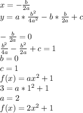 x=-\frac{b}{2a}\\&#10;y=a*\frac{b^2}{4a^2}-b*\frac{b}{2a}+c \\\\&#10;-\frac{b}{2a}=0\\&#10;\frac{b^2}{4a}-\frac{b^2}{2a}+c=1\\&#10;b=0\\&#10;c=1\\&#10;f(x)=ax^2+1\\&#10;3=a*1^2+1\\&#10;a=2\\&#10;f(x)=2x^2+1&#10;