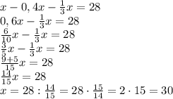 x-0,4x-\frac13x=28\\0,6x-\frac13x=28\\\frac6{10}x-\frac13x=28\\\frac35x-\frac13x=28\\\frac{9+5}{15}x=28\\\frac{14}{15}x=28\\x=28:\frac{14}{15}=28\cdot\frac{15}{14}=2\cdot15=30