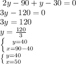 \ 2 y -90+y-30=0 \\ 3y-120=0 \\ 3y=120 \\ y= \frac{120}{3} \\ \left \{ {{y=40} \atop {x=90-40}} \right. \\ \left \{ {{y=40} \atop {x=50}} \right.