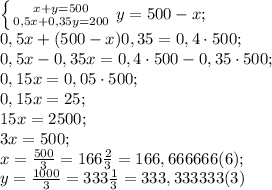 \left \{ {{x+y=500} \atop {0,5x+0,35y=200}} \right. &#10;y=500-x;\\&#10;0,5x+(500-x)0,35=0,4\cdot500;\\&#10;0,5x-0,35x=0,4\cdot500-0,35\cdot500;\\&#10;0,15x=0,05\cdot500;\\&#10;0,15x=25;\\&#10;15x=2500;\\&#10;3x=500;\\&#10;x=\frac{500}{3}=166\frac{2}{3}=166,666666(6);\\&#10;y=\frac{1000}{3}=333\frac{1}{3}=333,333333(3)\\&#10;