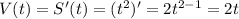 V(t)=S'(t)=(t^2)'=2t^{2-1}=2t