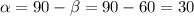 \alpha =90- \beta =90-60=30