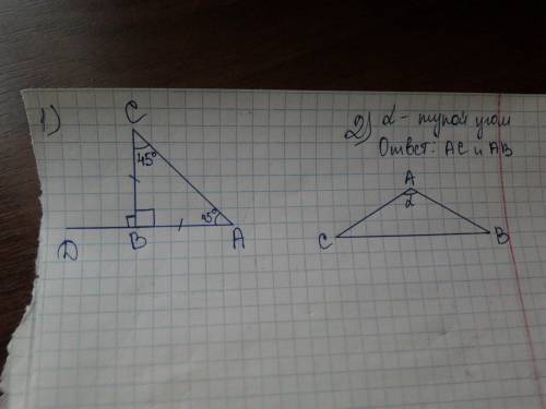 1)может ли внешний угол равнобедренного трегольника быть прямым? 2)в равнобедренном тупоугольном тре