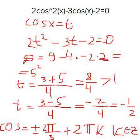 2cos^2(x)-3cos(x)-2=0 через дискриминант