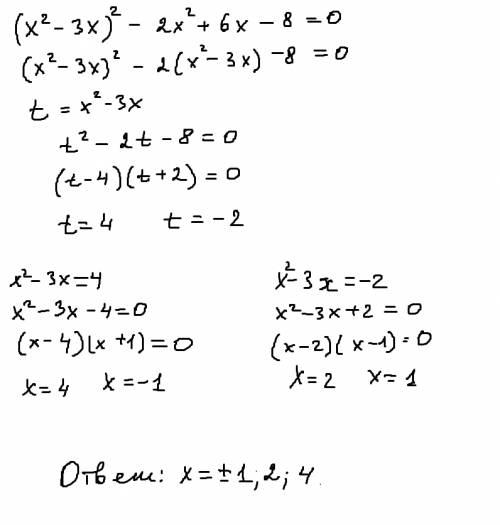 Решите уравнение (х^2 - 3x^2)^2 - 2x^2 + 6x - 8 = 0
