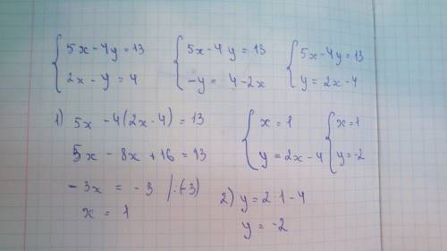 Решить систему уравнений. 5x-4y=13 2x-y=4