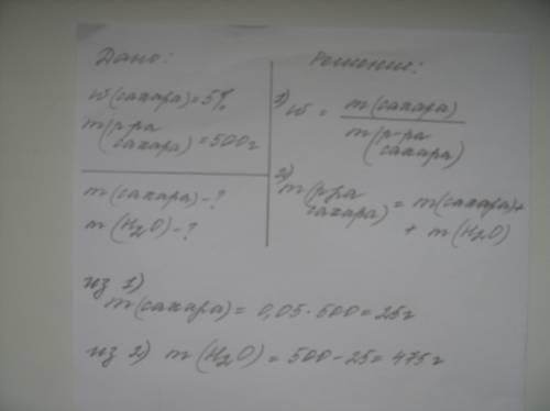 Рассчитайте массу сахара и воды которые нужно взять для приготовления 500г раствора с массовой долей