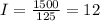 I= \frac{1500}{125} =12