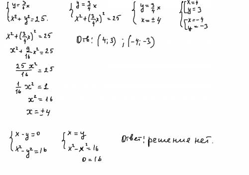 Y=3/4x x^2+y^2=25 x-y=0 x^2-y^2=16 решение систем подстановки