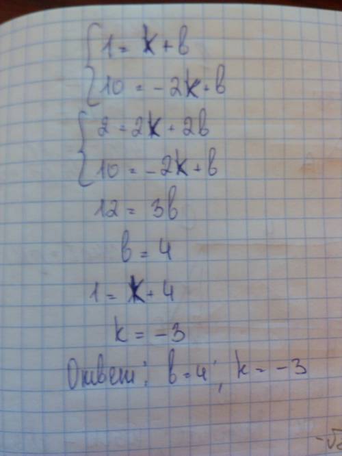 График функции у=kx+b проходит через точки с(1; 1) и д(-2; 10) найдите значение k и b