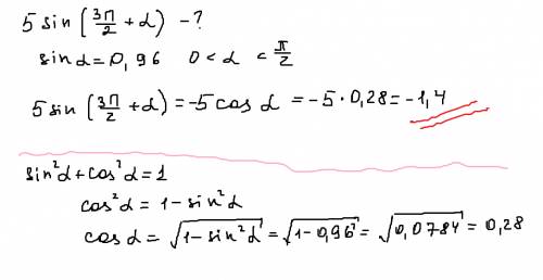 Найдите 5sin(3п/2+а) если sina=0,96 и а принадлежит (0; 0,5п)