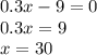 0.3x-9=0 \\ 0.3x=9 \\ x=30