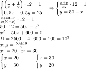 \begin{cases}\left(\frac1x+\frac1y\right)\cdot12=1\\0,5x+0,5y=25\end{cases}\Rightarrow\begin{cases}\frac{x+y}{xy}\cdot12=1\\y=50-x\end{cases}\\\frac{x+50-x}{x(50-x)}\cdot12=1\\50\cdot12=50x-x^2\\x^2-50x+600=0\\D=2500-4\cdot600=100=10^2\\x_{1,2}=\frac{50\pm10}{2}\\x_1=20,\;x_2=30\\\begin{cases}x=20\\y=30\end{cases}\quad\quad\begin{cases}x=30\\y=20\end{cases}