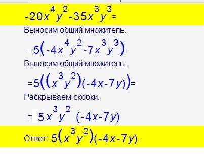 Надо разложить на множители. -20x^4 y^2 - 35 x^3 y^3 = разложите и если можно объясните как это надо