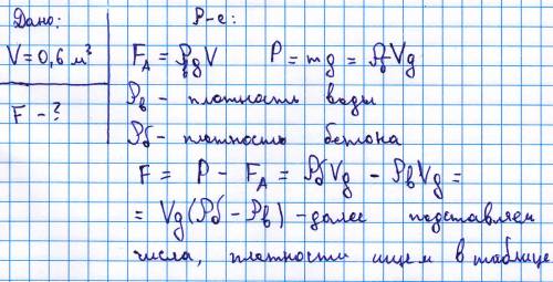 Какую силу надо приложить, чтобы поднять со дна озера бетонную плиту, объем которой равен 0.6м3