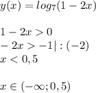 y(x)=log_7(1-2x)\\\\1-2x0\\-2x-1|:(-2)\\x<0,5\\\\x\in(-\infty;0,5)