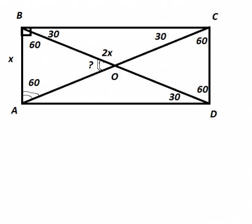 Сторона прямоугольника вдвое меньше диагонали.найдите острый угол между диагоналями прямоугольника