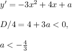 y'=-3x^2+4x+a\\\\D/4=4+3a